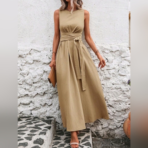 New Textured Cotton High Neck Wrap Tie Waist Maxi Dress Tan Camel Beige - Picture 7 of 9